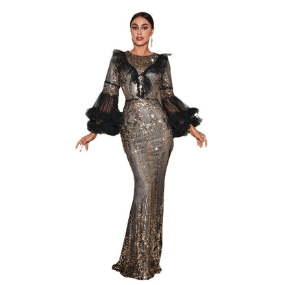 High-end Temperament Round-neck Long Sequined Banquet Fishtail Evening Statement Dress Plus Size Availabke