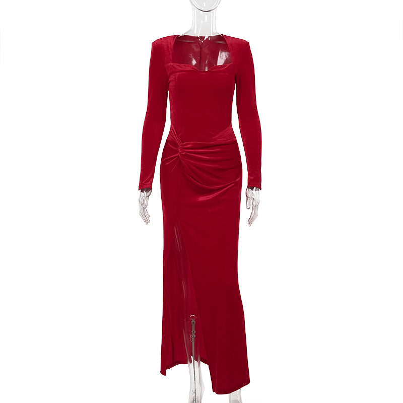 Socialite Style Elegant Long Sleeve Velvet Slit Formal Semi Formal Dress
