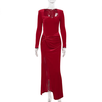 Socialite Style Elegant Long Sleeve Velvet Slit Formal Semi Formal Dress
