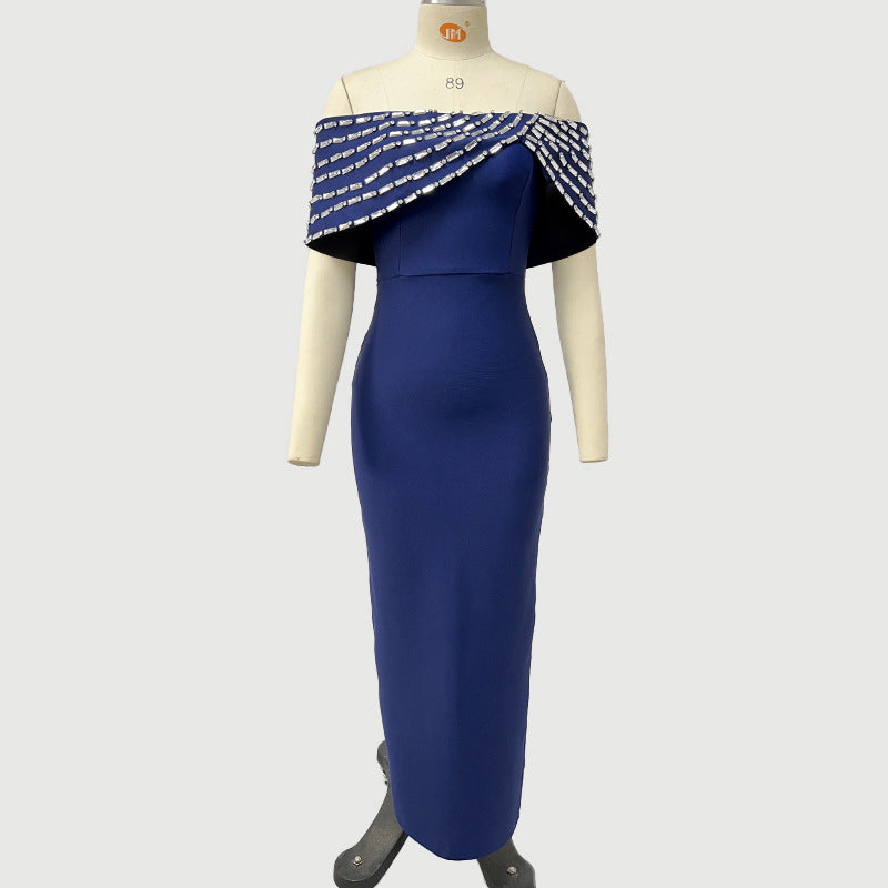 Off-shoulder Handmade Diamond Strip Dress Evening Dress