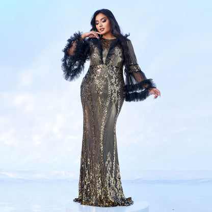 High-end Temperament Round-neck Long Sequined Banquet Fishtail Evening Statement Dress Plus Size Availabke