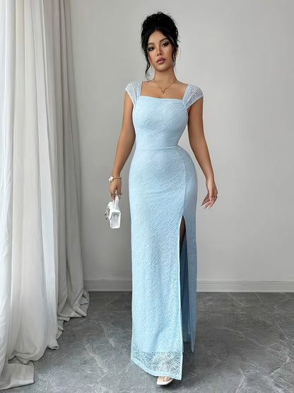A Summer Elegant French Romantic Knitted Lace Fabric Dress With A High Slit Design And A Slim Fit