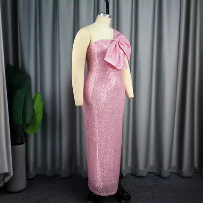 One Shoulder Diagonal Collar Sequins Formal Party Dress