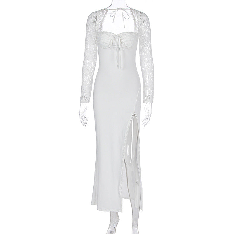 Women's Lace Stitching Dress Self-tie Slit Dress