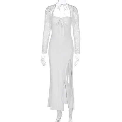 Women's Lace Stitching Dress Self-tie Slit Dress