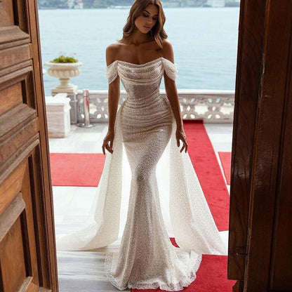 Off-The-Shoulder Pearl Mermaid Wedding Dress with Detachable Train
