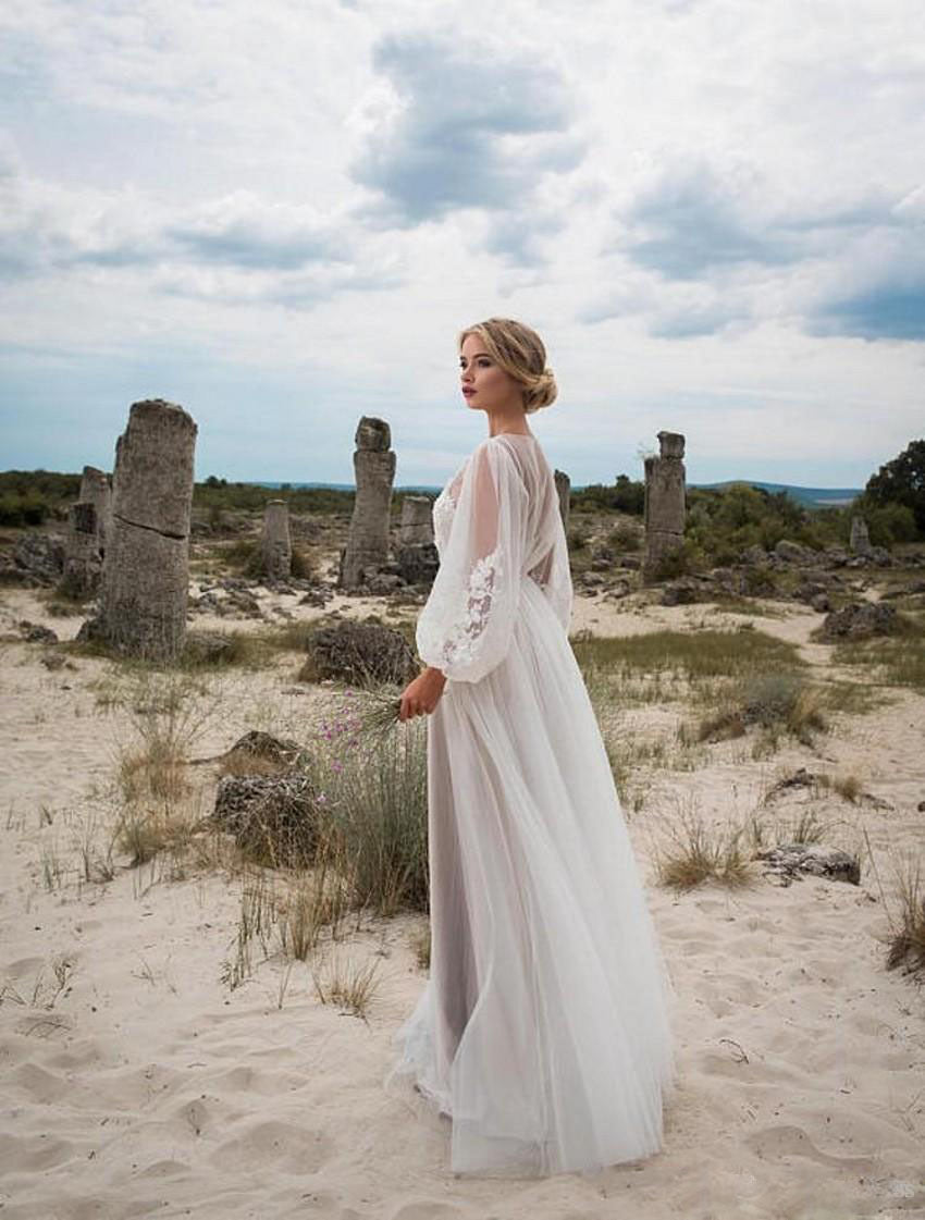 Boho Long Sleeve Embroidered Wedding Dress - Romantic Tulle Bridal Gown.