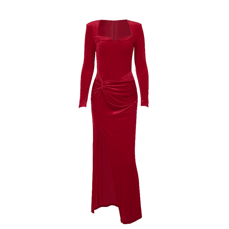 Socialite Style Elegant Long Sleeve Velvet Slit Formal Semi Formal Dress