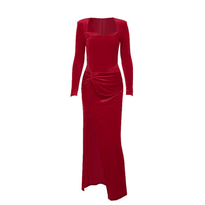 Socialite Style Elegant Long Sleeve Velvet Slit Formal Semi Formal Dress