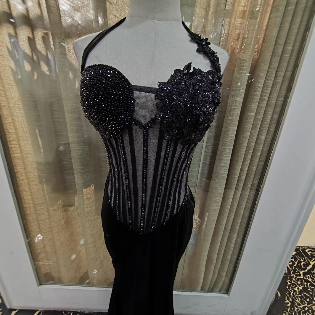 Sexy Halterneck Intricately Beaded Fishtail Bodycon Dress