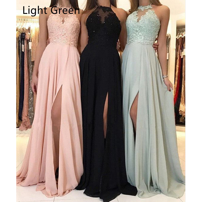 Halter Lace Chiffon Evening Split Long Skirt Formal Bridesmaid