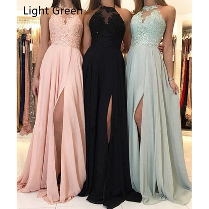 Halter Lace Chiffon Evening Split Long Skirt Formal Bridesmaid