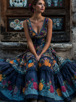 Stylish Womens Digital-Print V-Neck Sleeveless Maxi Dress