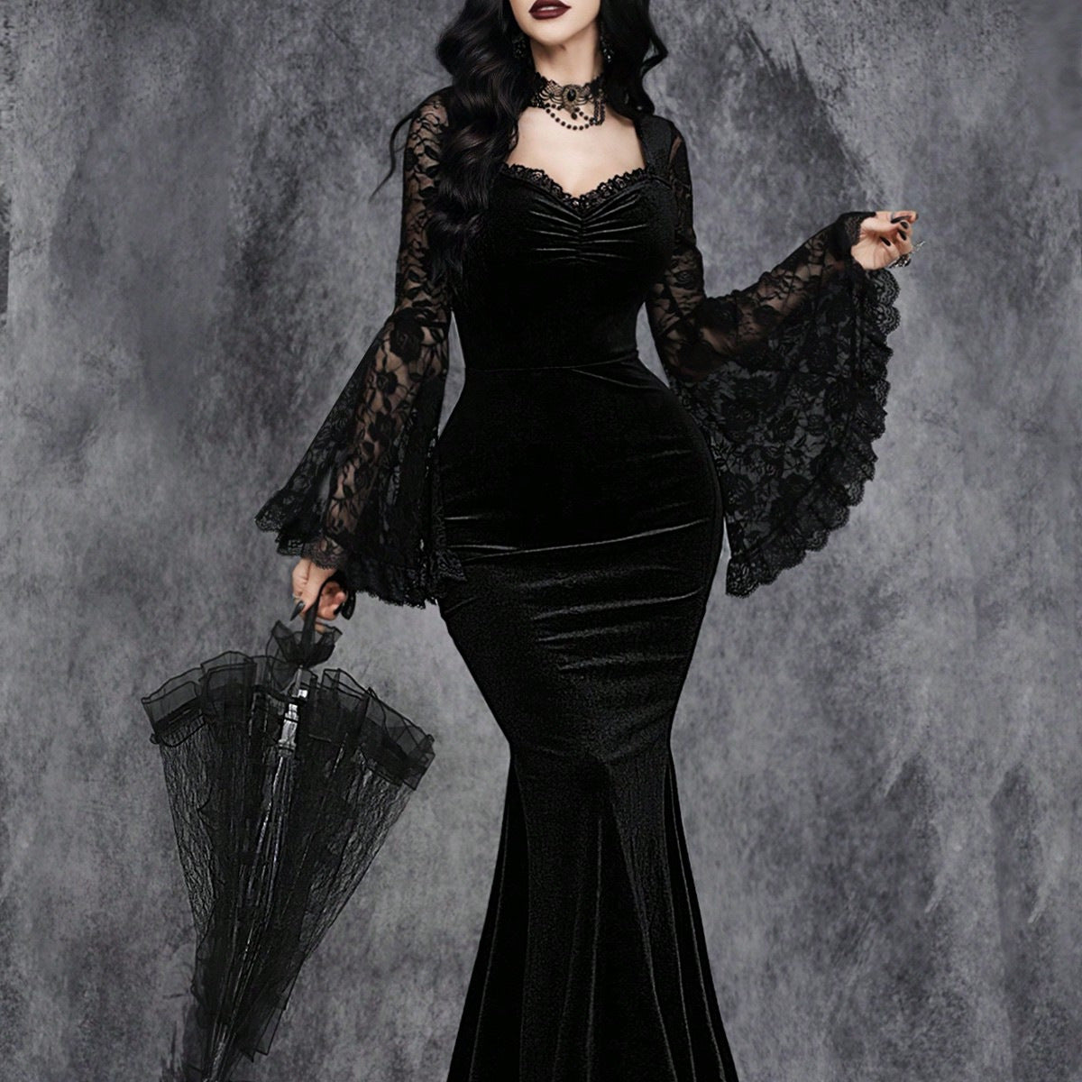 Lace-panelled Cinched-waist Dress With Flared Sleeves