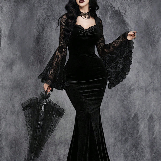 Lace-panelled Cinched-waist Dress With Flared Sleeves