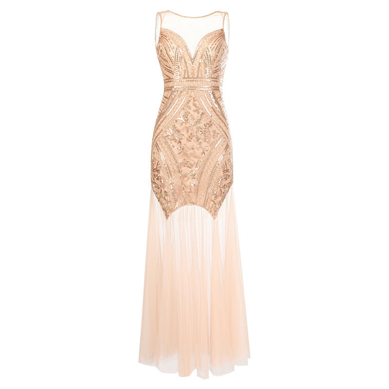 Vintage  Bridesmaid Beaded Mesh Sequin Evening Dress