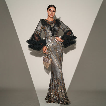 High-end Temperament Round-neck Long Sequined Banquet Fishtail Evening Statement Dress Plus Size Availabke