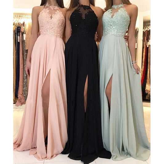 Halter Lace Chiffon Evening Split Long Skirt Formal Bridesmaid
