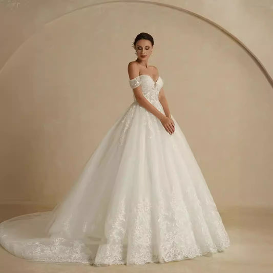 Off-the-Shoulder Lace Ballgown Wedding Dress with Court Train.