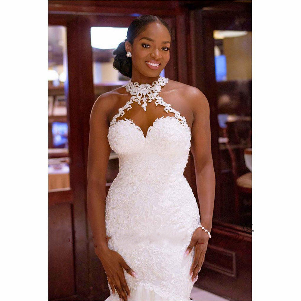 Vintage Halter Mermaid Wedding Dress | Beaded Lace Bridal Gown.