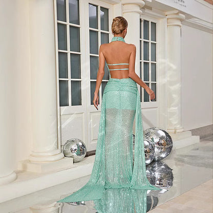 Halter Green Sexy Formal Sequined Party Dress