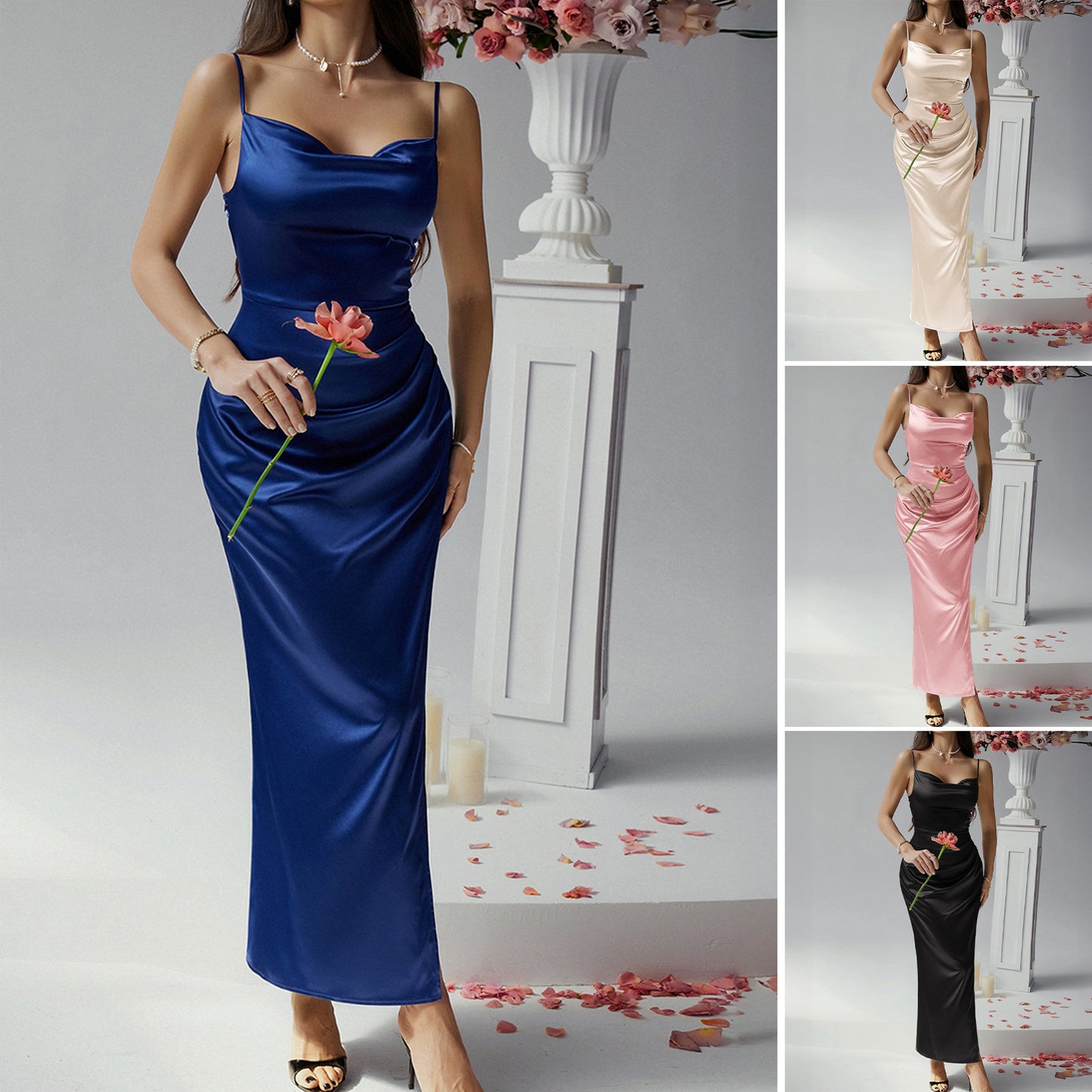 Solid Color Strap Dress Evening Dress Women's Clothing