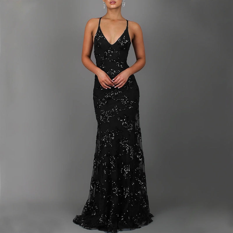 V-neck Brace Backless Sequined Long High Waist Wedding Prom Bridesmaid Maxi Dress