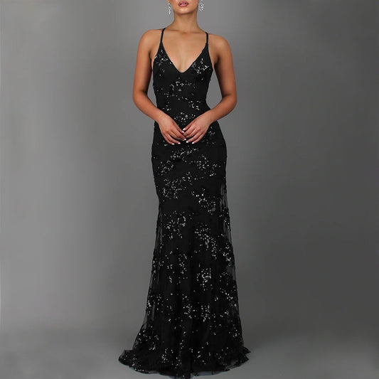 V-neck Brace Backless Sequined Long High Waist Wedding Prom Bridesmaid Maxi Dress