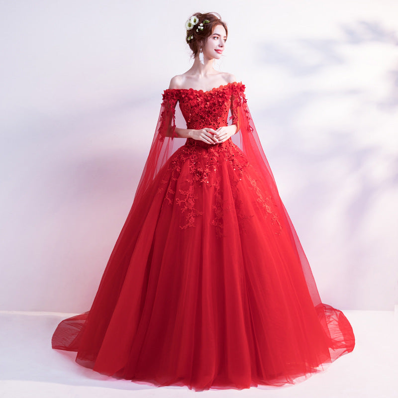 Long-sleeved Red wedding dress
