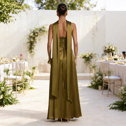Strapless Satin Evening Gown with Matching Neck Scarf - Backless Maxi Dress