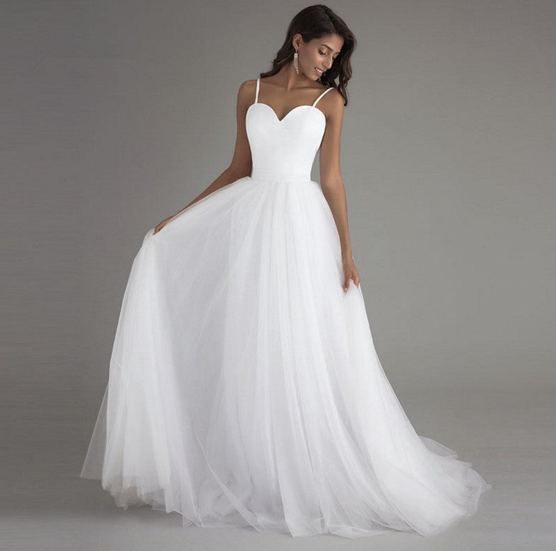 Simple Sweetheart Tulle A-Line Wedding Dress with High-Low Train.