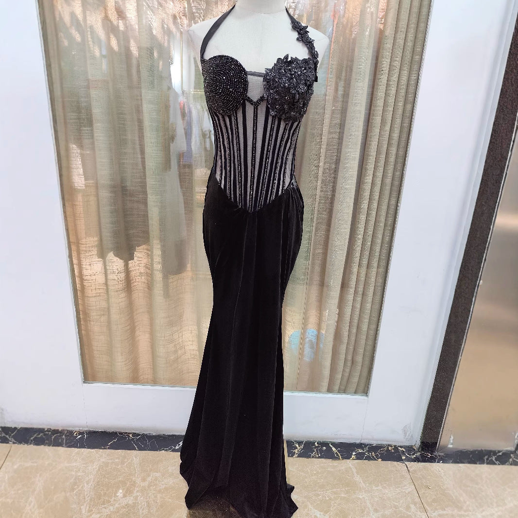 Sexy Halterneck Intricately Beaded Fishtail Bodycon Dress