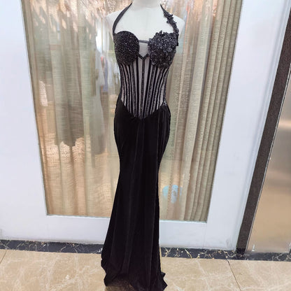 Sexy Halterneck Intricately Beaded Fishtail Bodycon Dress