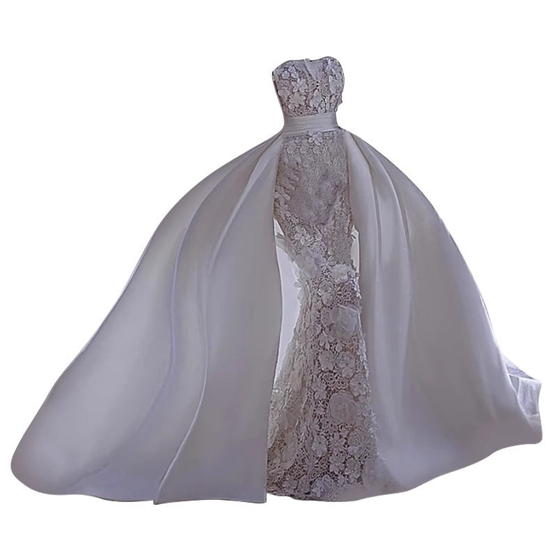 2-in-1 Luxury Strapless Lace Mermaid Wedding Dress with Detachable Satin Train.