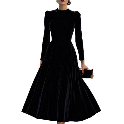 Womens Solid-Colored Casual Velvet Crew-Neck Long-Sleeve Dress