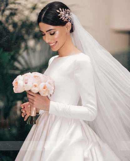 Royal Satin Long Sleeve A-Line Wedding Dress with Boat Neckline.
