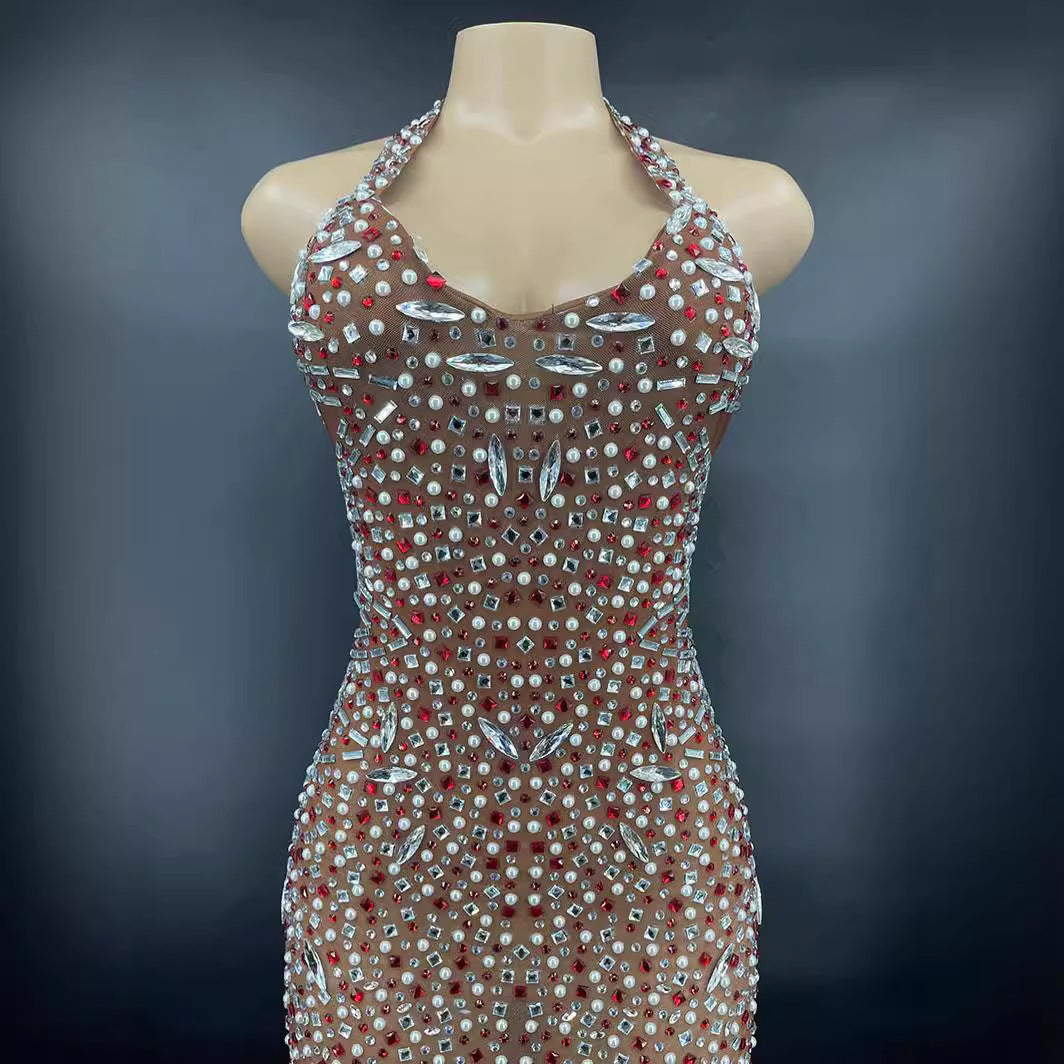 Glitter Rhinestone Formal Crystal Backless Elegant Statement Dress