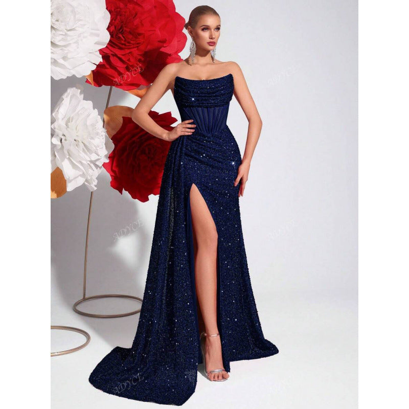 Womens Off-the-Shoulder Hollowed-Out Fishbone Pleated Dress