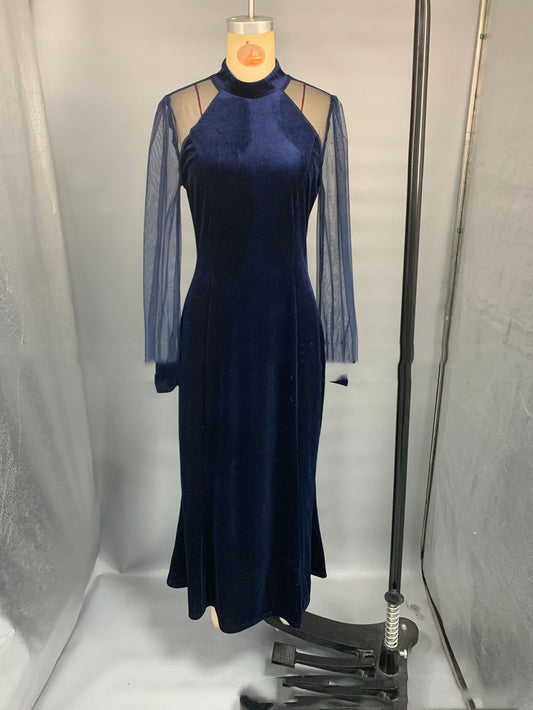 Elegant Navy Blue Waist-cinching Dress