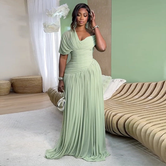 Asymmetric Draped Maxi Dress – Sage Green Pleated Chiffon Gown