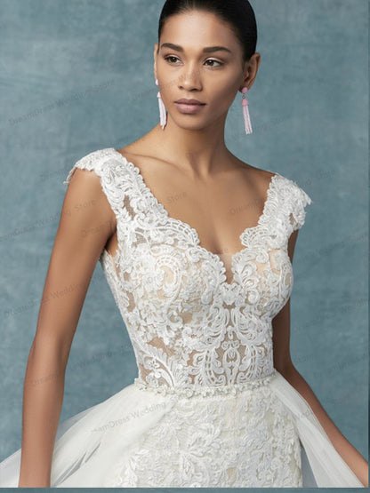 2-in-1 Lace Bridal Jumpsuit with Detachable Tulle Train | Wedding Pantsuit.