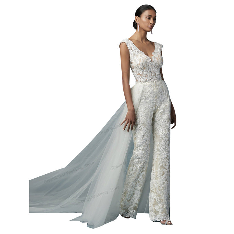 2-in-1 Lace Bridal Jumpsuit with Detachable Tulle Train | Wedding Pantsuit.