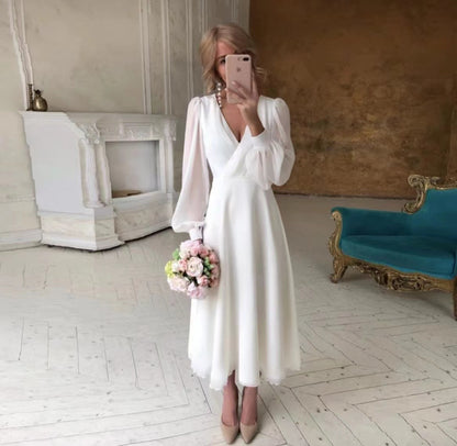 Wedding Long Sleeve Super  Simple White Evening Dress