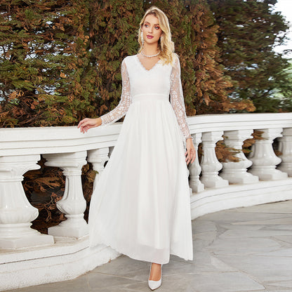 Boho Lace Long Sleeve Wedding Dress - Elegant V-Neck Chiffon Bridal Gown.