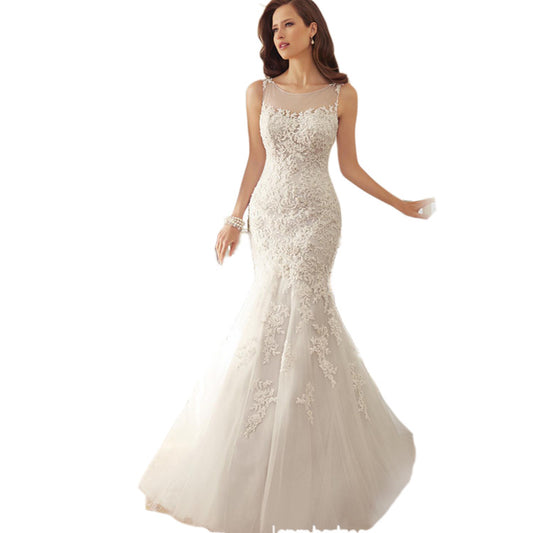 Elegant Illusion Neckline Lace Mermaid Wedding Dress with Sweep Train.