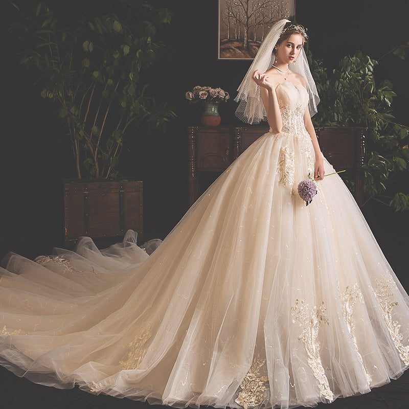 Champagne Mori Girl Tulle Ball Gown - Strapless Floral Wedding Dress.