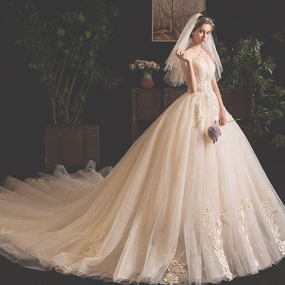 Champagne Mori Girl Tulle Ball Gown - Strapless Floral Wedding Dress.