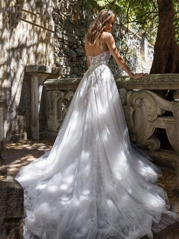 Strapless Lace Wedding Dress with High Slit - Whimsical Tulle Bridal Gown.