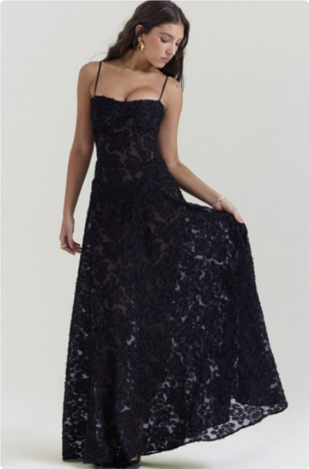 Elegant Embroidered Slim Suspender Dress