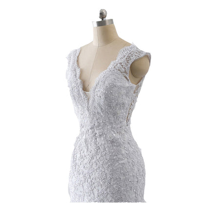 French Lace Mermaid Wedding Dress with Deep V-Neck and Long Train.
